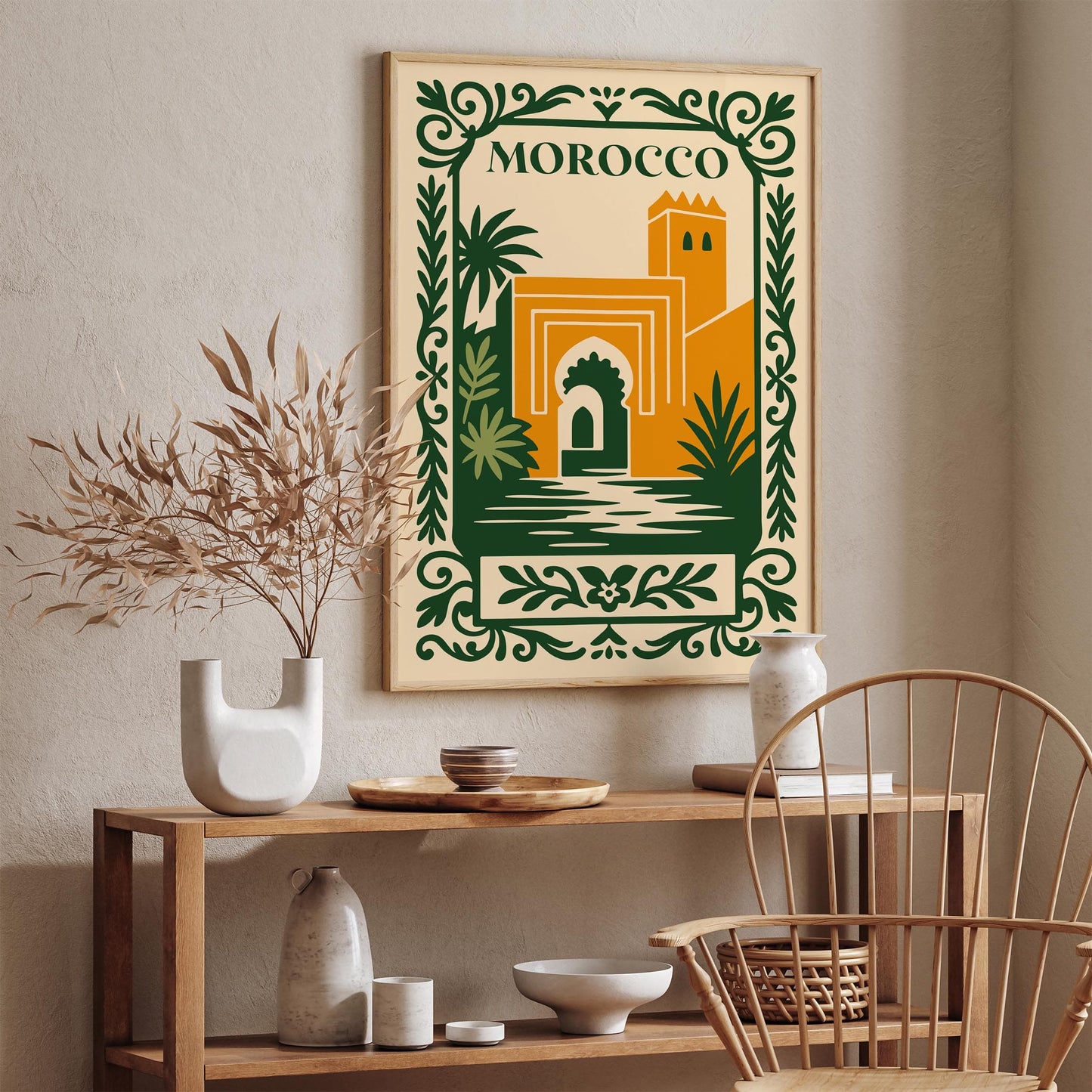 Morocco Travel Poster - Cityscape Green and Yellow Art Print