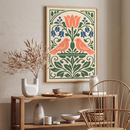 Two Spring Birds Folk Wall Art Print