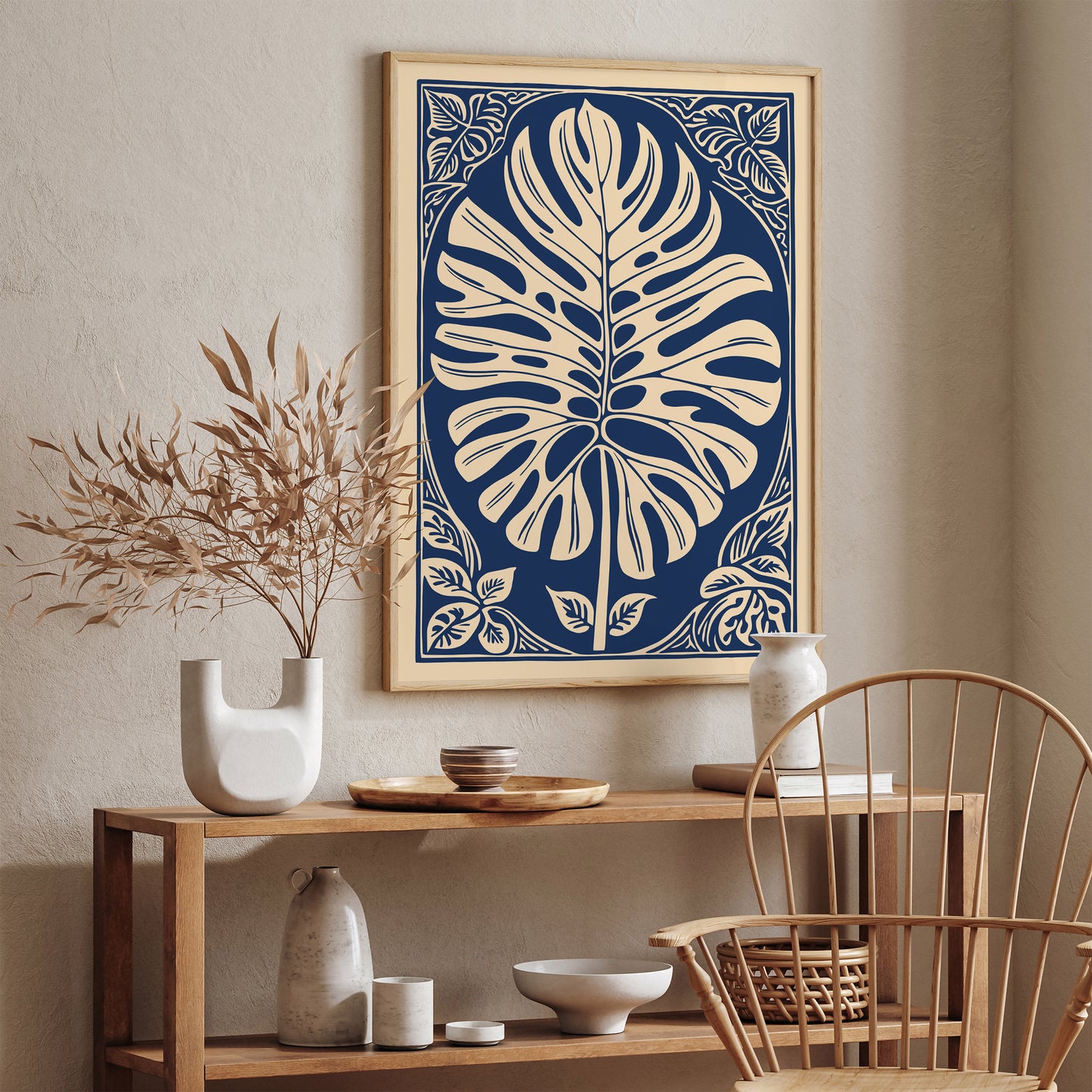 Navy Blue Monstera Leaf Poster