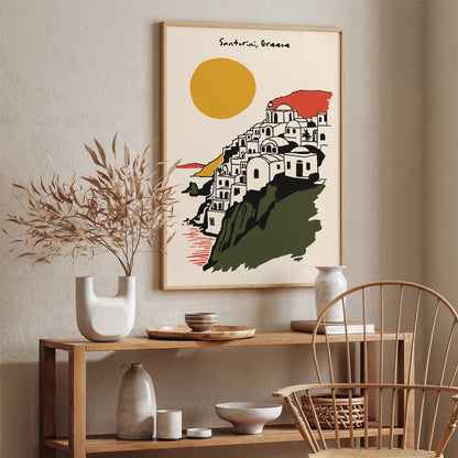 Cityscape Santorini Greece Retro Travel Art Print