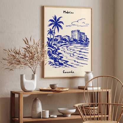 Mexico Cancun Print - Blue Cityscape Sketch Art