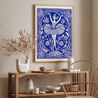 Blue Ballerina Linocut Style Poster