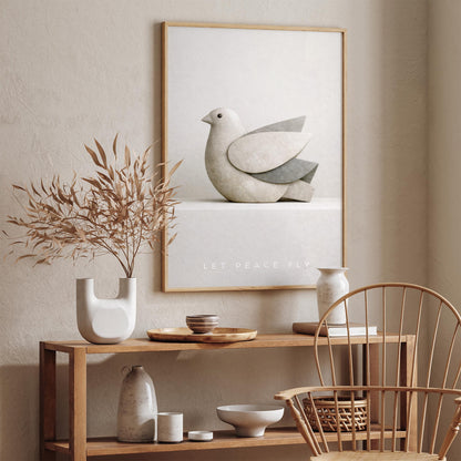 Minimalist Peace Dove Poster Print – Abstract Sandstone Bird Sculpture Wall Art