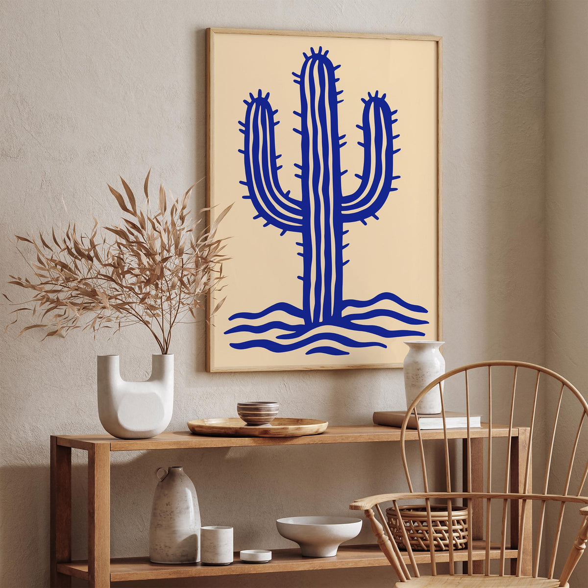 Blue Wavy Abstract Cactus Art Poster