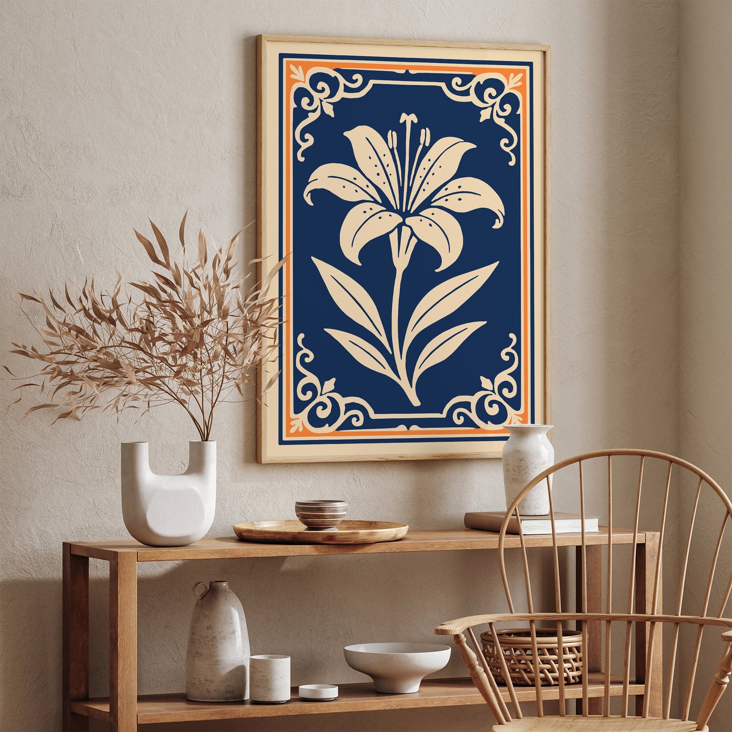 Orange Lily on Navy Blue Poster