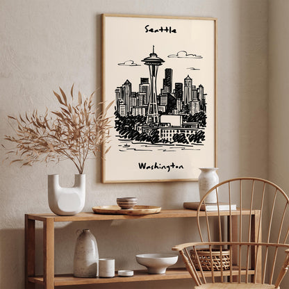 Seattle Washington Black Ink Travel Poster