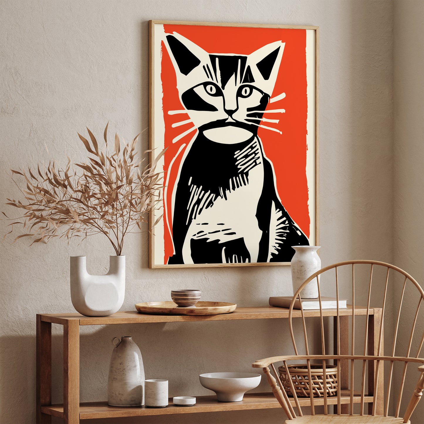 Retro Cat Linocut Wall Art Poster