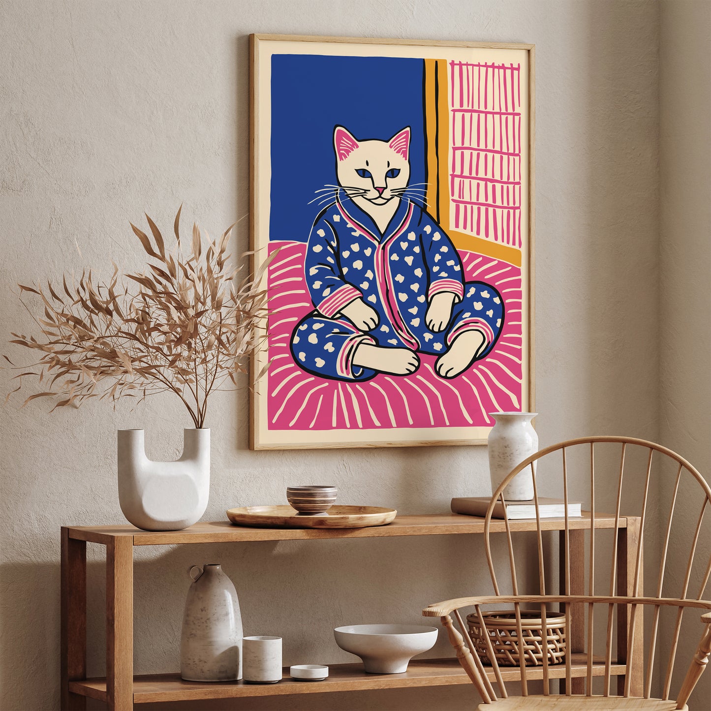 Cat in Pyjamas Bedroom Art Print