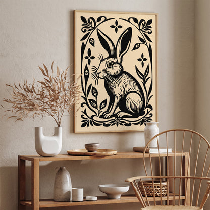 Black Rabbit Poster in Linocut Style