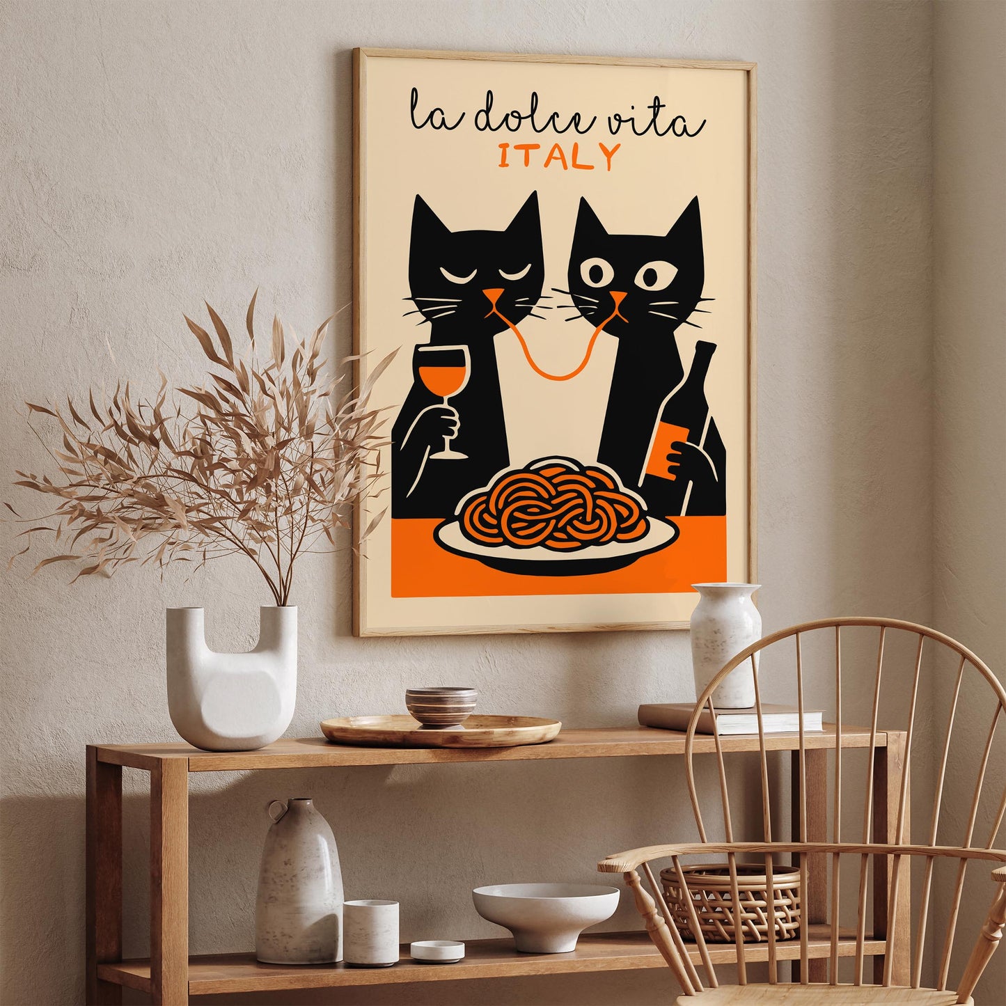 La Dolce Vita Poster - Two Funny Cat Eating Spaghetti Print