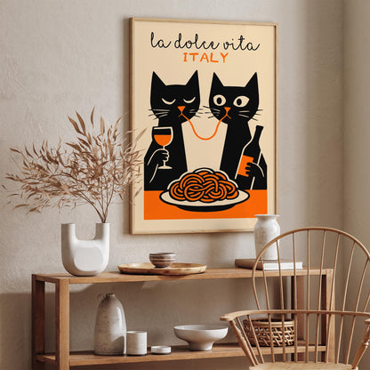 La Dolce Vita Poster - Two Funny Cat Eating Spaghetti Print
