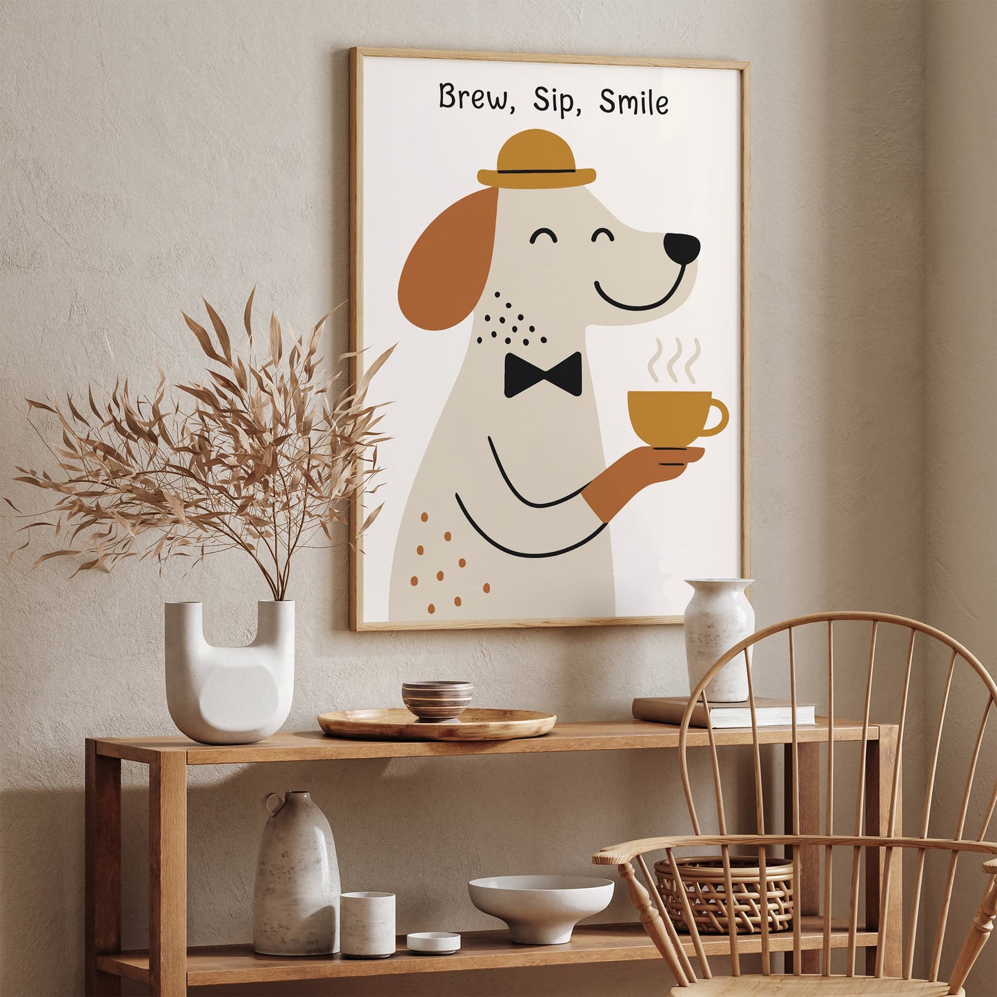 Brew Sip Smile Poster - Cute Dog with Tea Art Print