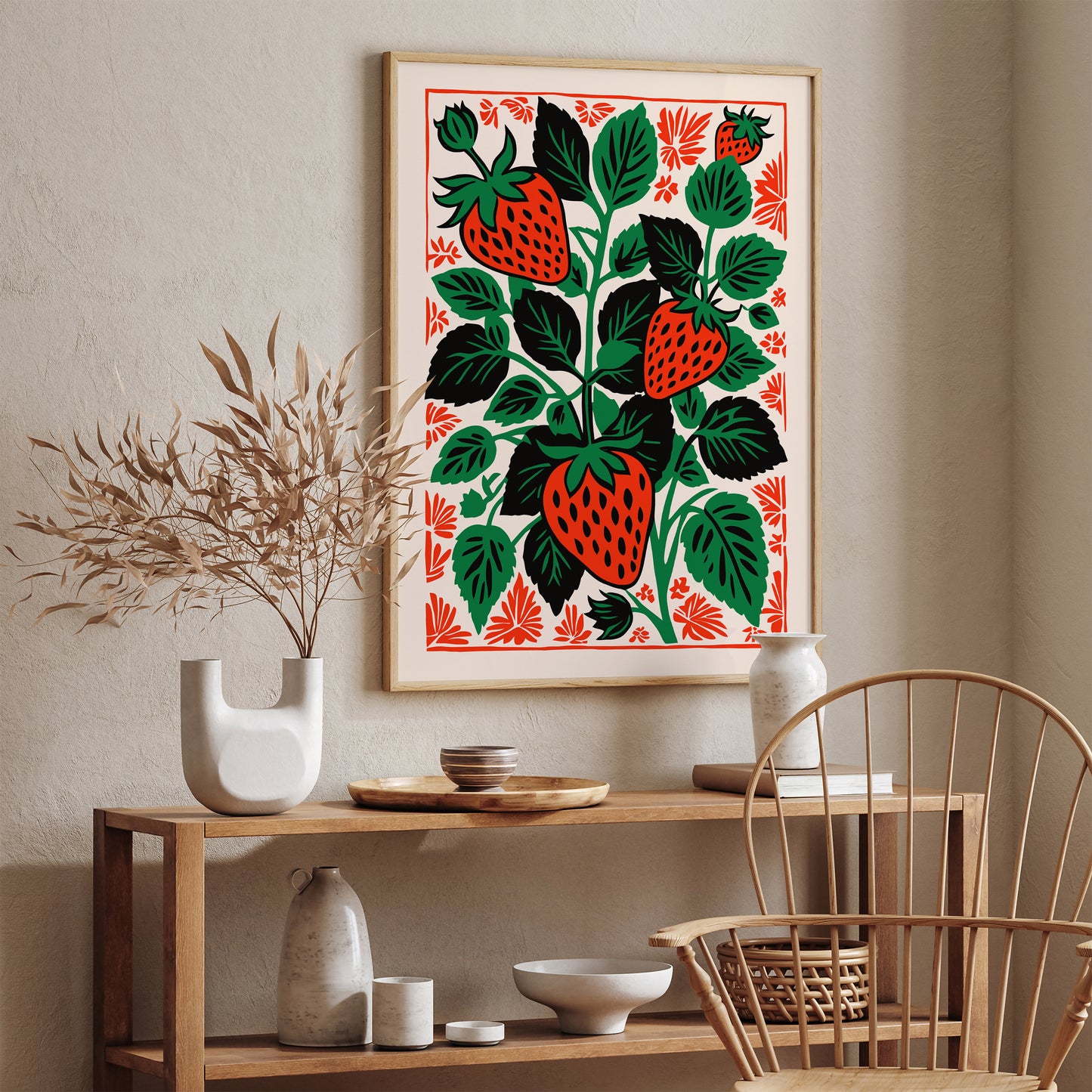 Retro Strawberry Linocut Art Print