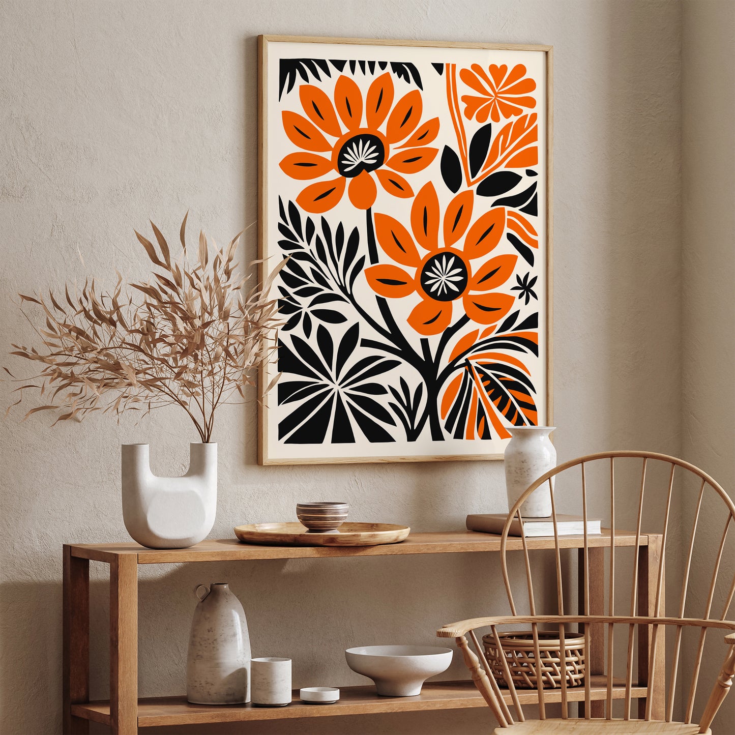 Orange Flowers in Linocut Style Art Print