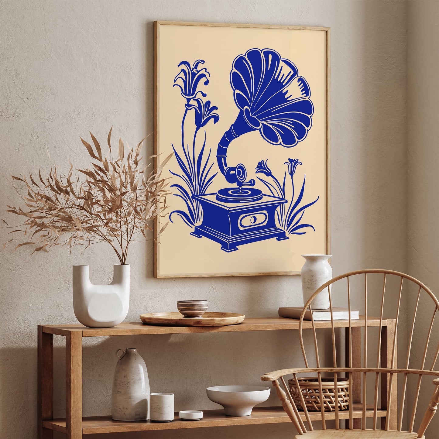 Blue Gramophone in Flowers Vintage Style Art Print
