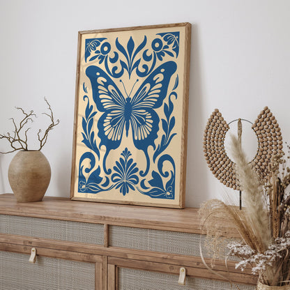 Blue Butterfly Rococo Style Poster