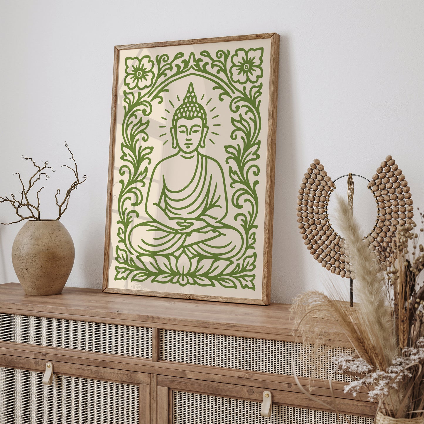 Green Sitting Buddha Poster – Floral Buddhist Art Print