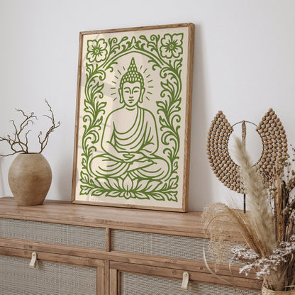 Green Sitting Buddha Poster – Floral Buddhist Art Print