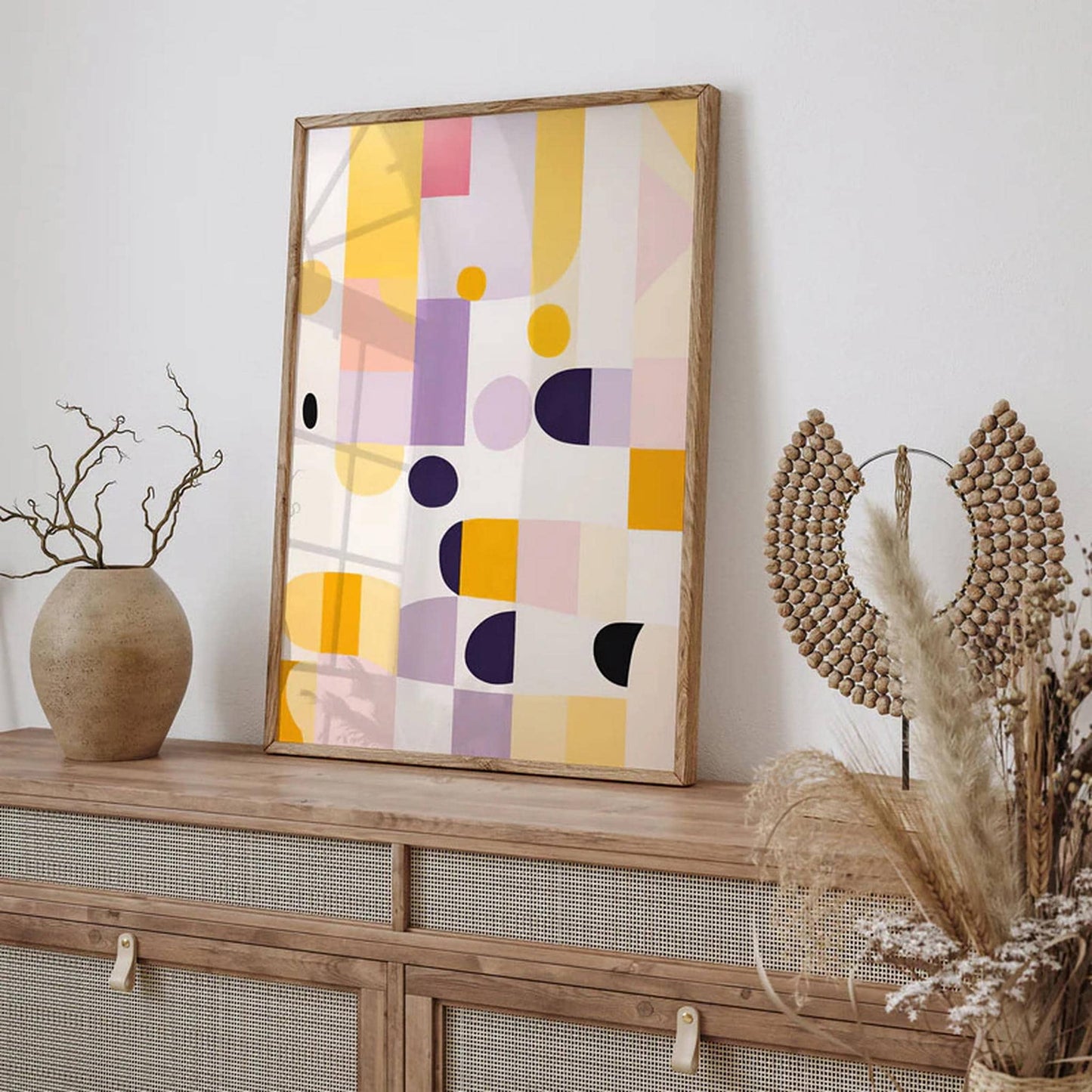 Yellow and Purple Abstract Shapes MCM Wall Art - HypeSheriff