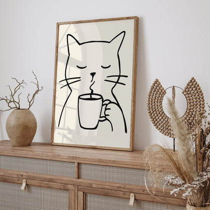Line Art Cat with a Cup of Coffee Poster