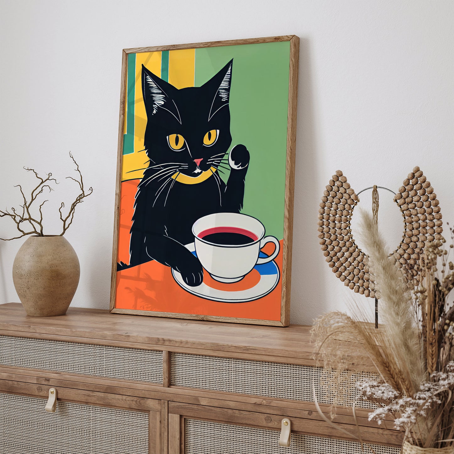 Black Coffee Cat Retro Print