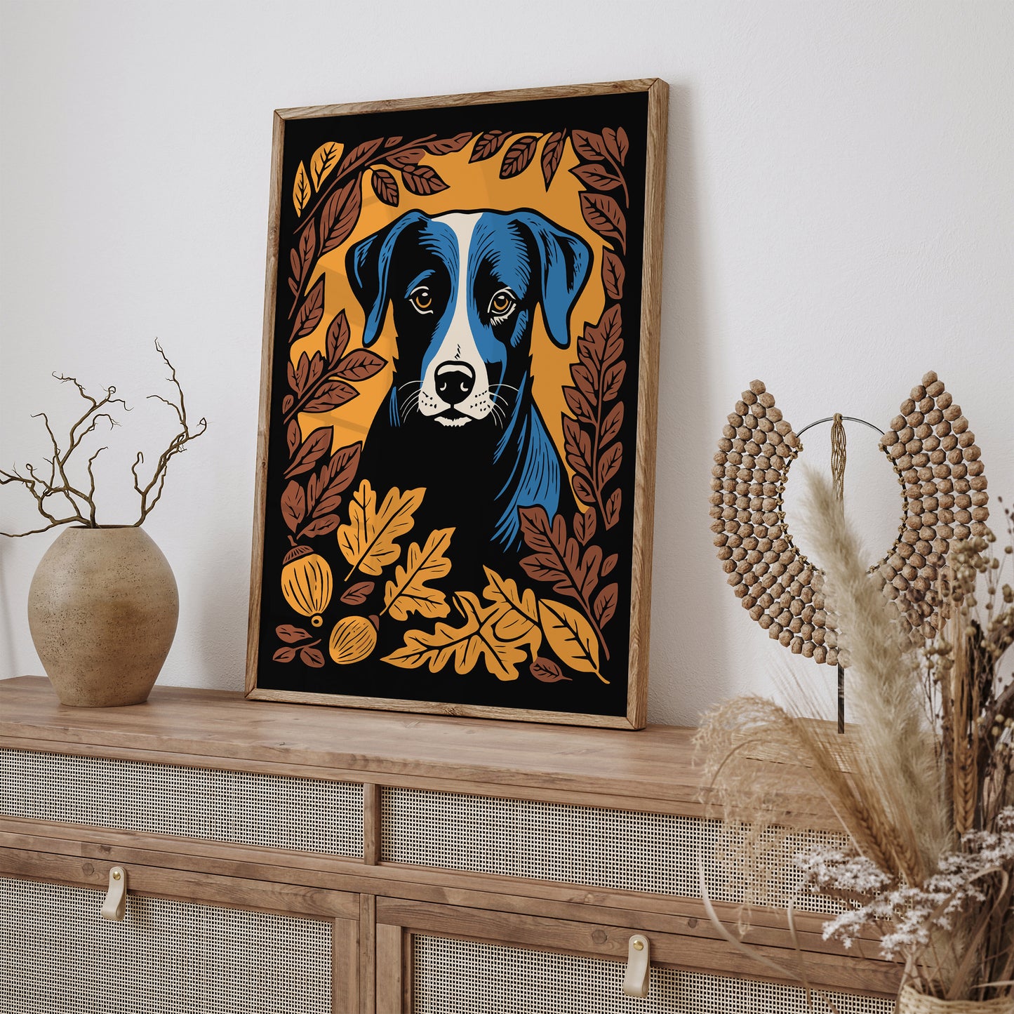 Dog in Fall Leaves Art Print