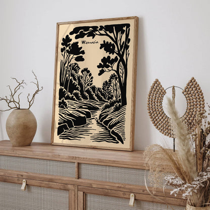 Wisconsin Nature Travel Black Ink Style Poster
