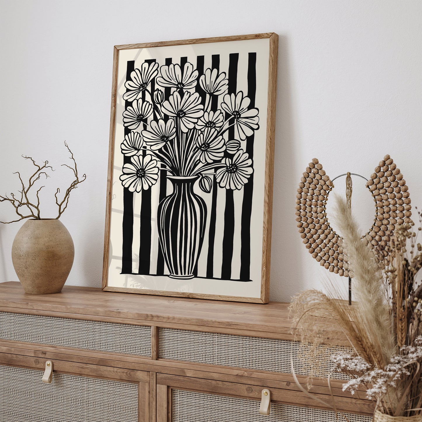 BW Striped Floral Art Print