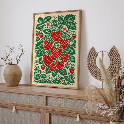 Linocut Style Strawberry Poster