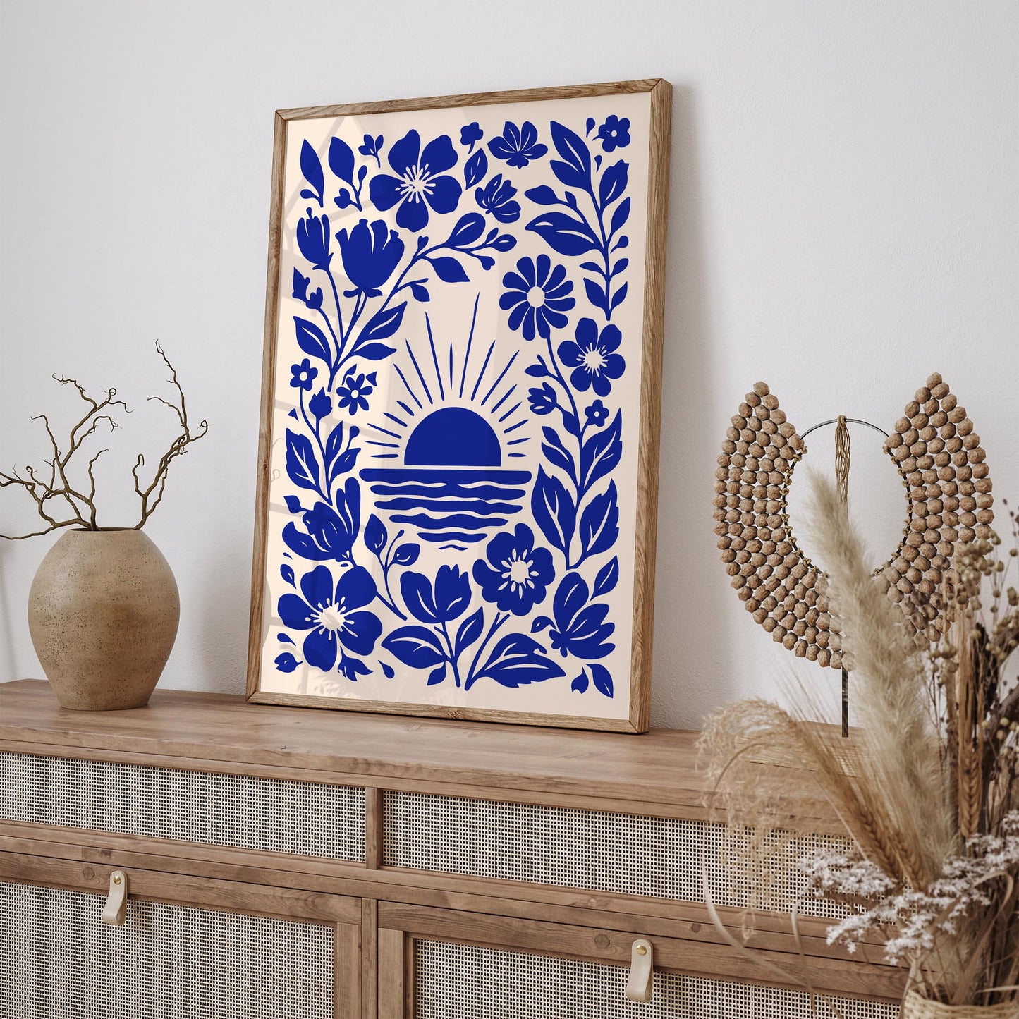 Blue Sunset & Flowers Poster – Botanical Nature Wall Art Print