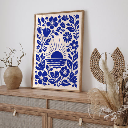 Blue Sunset & Flowers Poster – Botanical Nature Wall Art Print