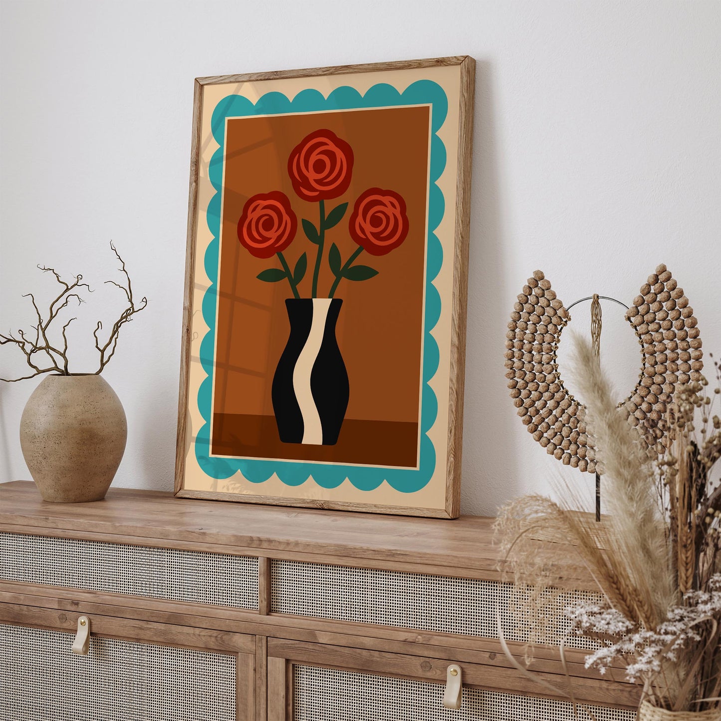 Retro Red Roses in Vase Poster - Vintage Wall Art