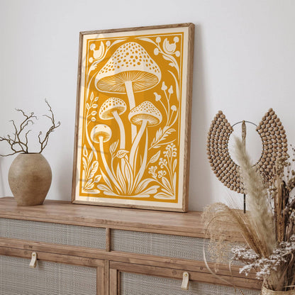 Forest Mushroom Poster – Warm Yellow Botanical Wall Art