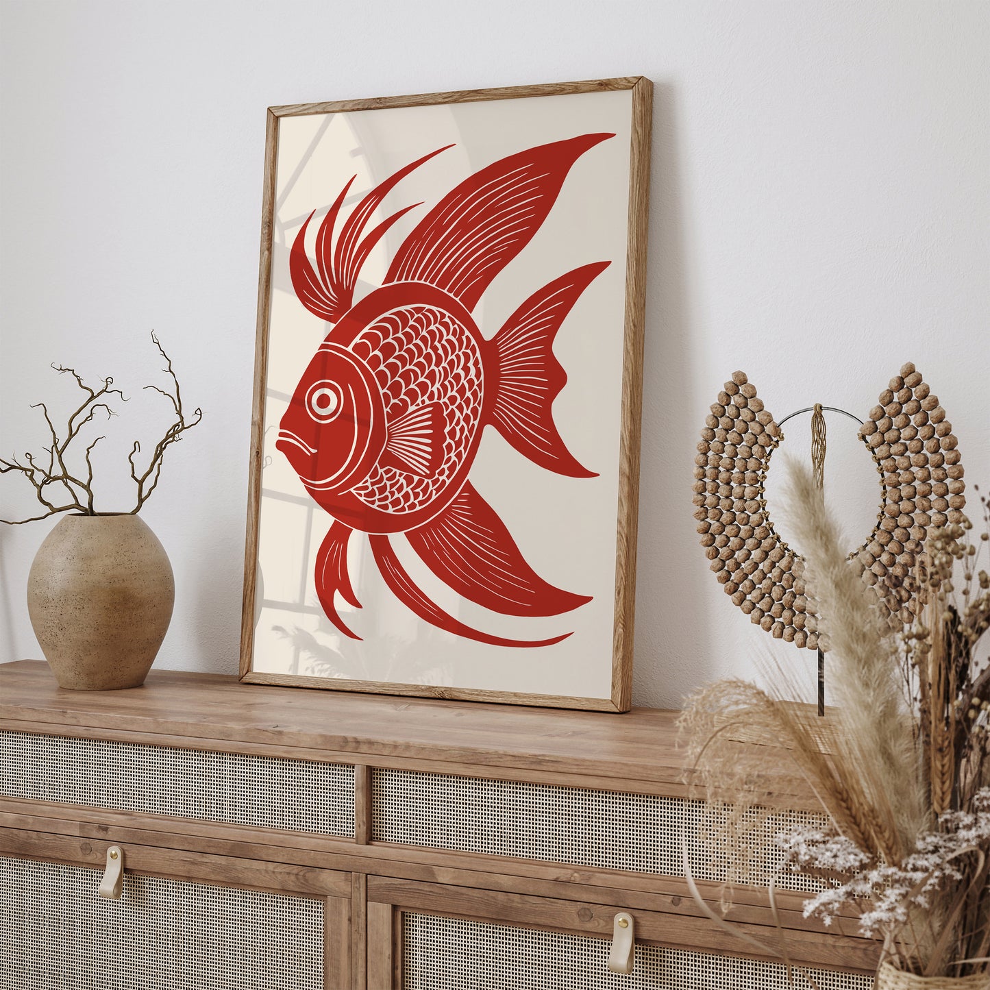 Retro Fish Linocut Print - Japanese Wall Decor