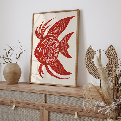 Retro Fish Linocut Print - Japanese Wall Decor