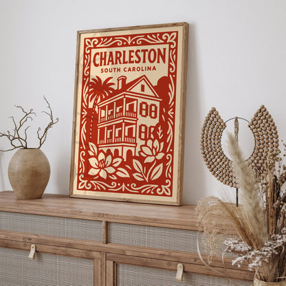 Charleston South Carolina Poster - Red Cityscape Travel Art