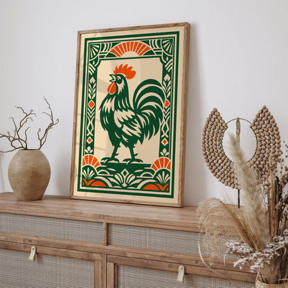 Green Rooster Art Deco Wall Art Print – Kitchen Decor