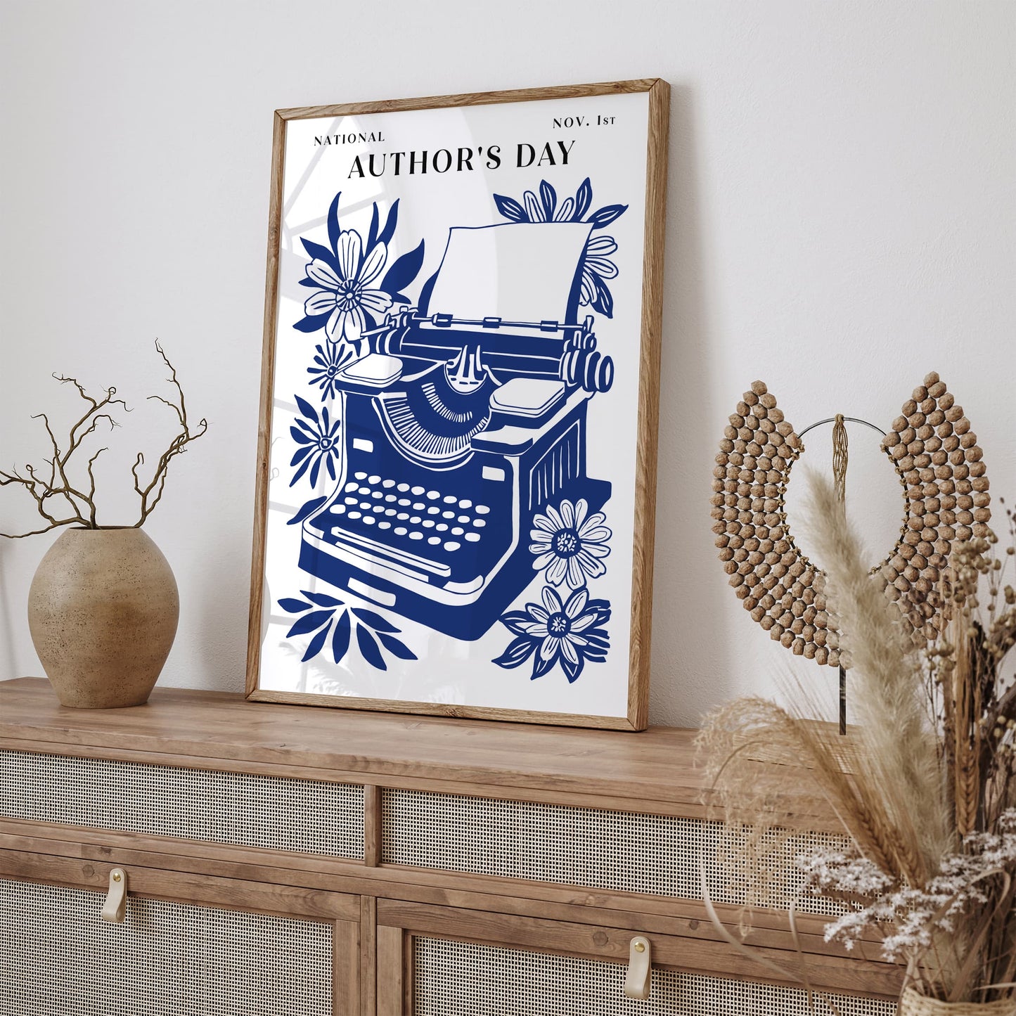 National Authors Day Typewriter Poster – Navy Blue Literary Wall Art Print