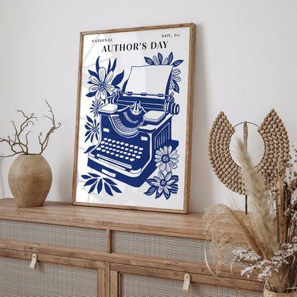 National Authors Day Typewriter Poster – Navy Blue Literary Wall Art Print