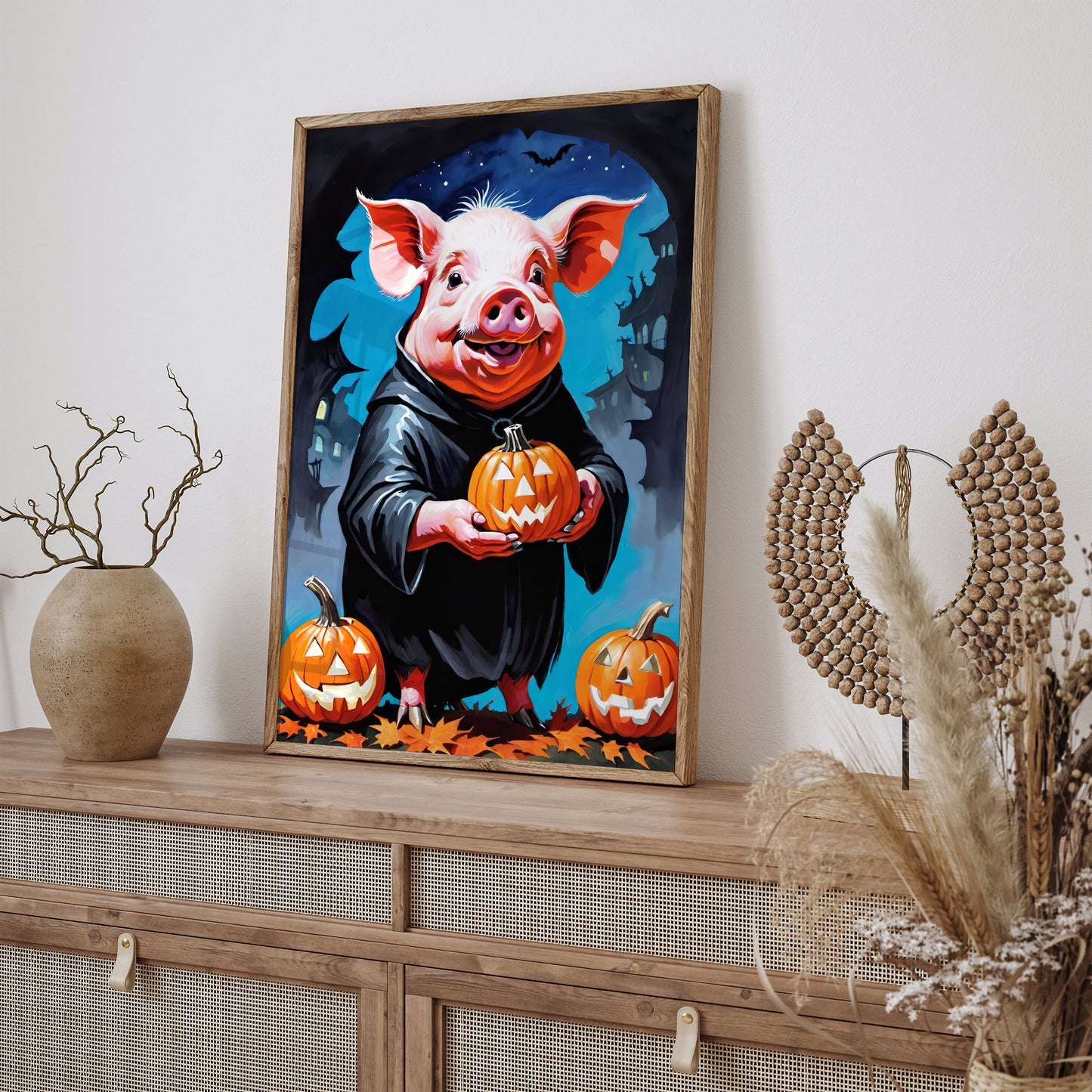 Funny Halloween Pig with Pumpkin Poster