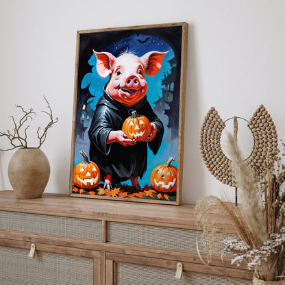 Funny Halloween Pig with Pumpkin Poster