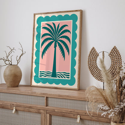 Palm Tree Pink Teal Poster - Retro Tropical Beach Wall Art