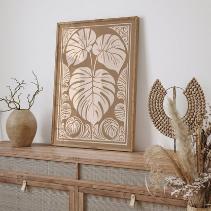Brown Beige Monstera Leaf Rococo Art Print