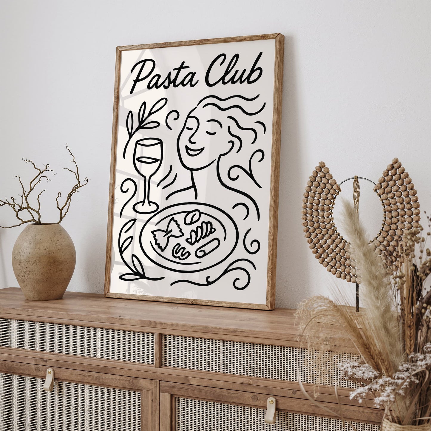 Pasta Club Poster - BW Line Art Italian Food Art Print