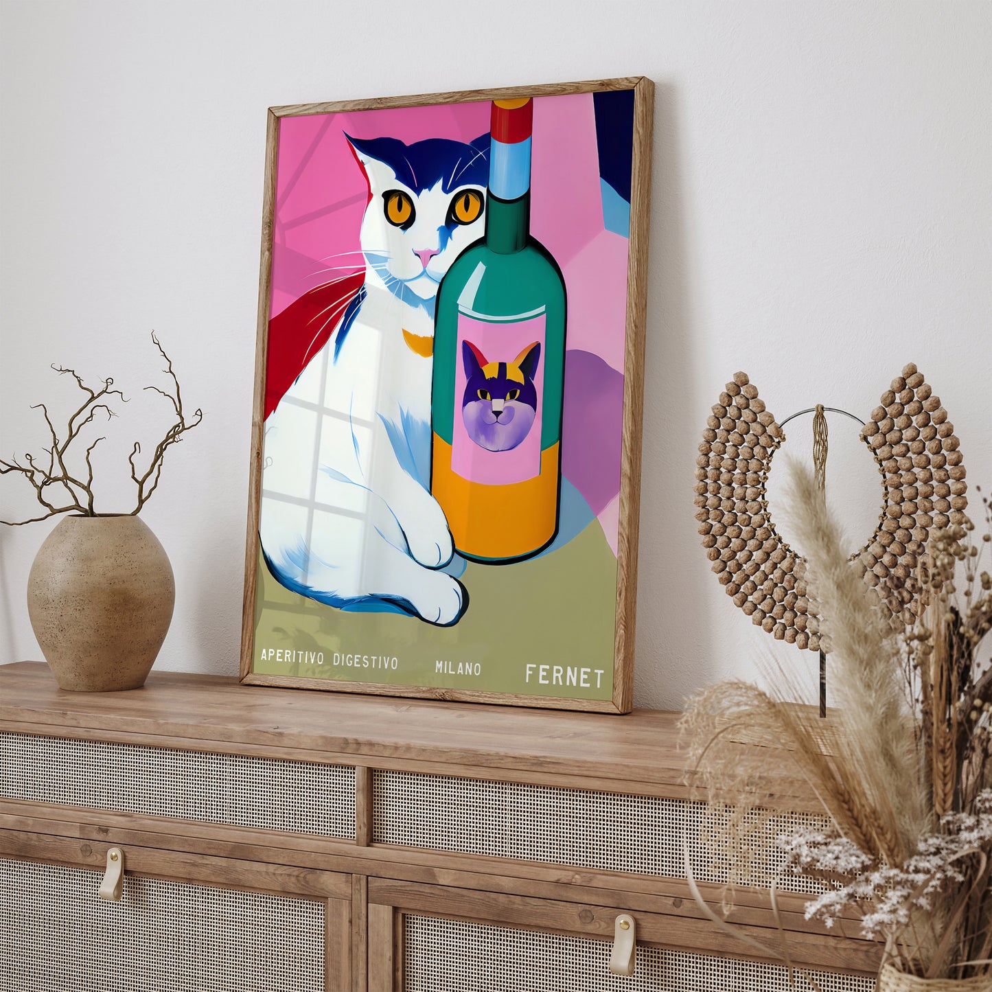 Fernet Milano Retro Wine Cat Poster