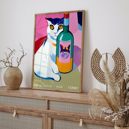 Fernet Milano Retro Wine Cat Poster