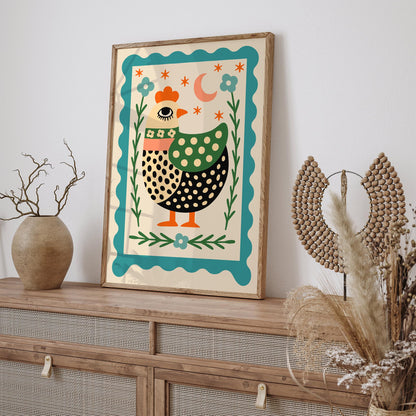 Retro Folk Chicken Poster