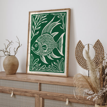 Retro Linocut Fish Poster - Vintage Wall Art