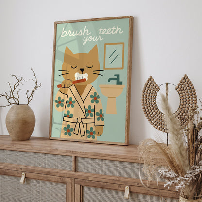 Brush Your Teeth Poster - Funny Cat Bathroom Poster