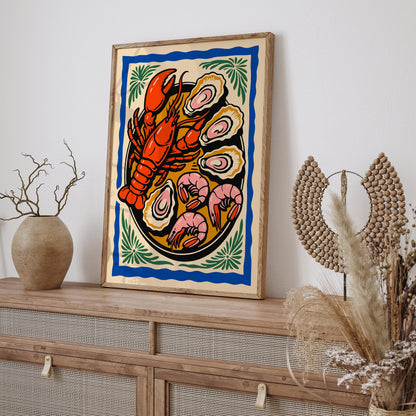 Colorful Retro Seafood Plate Poster - Seafood Lovers Gift